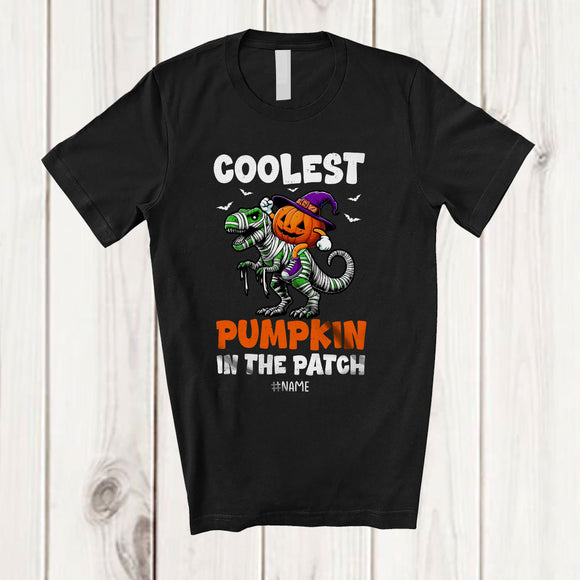 MacnyStore - Personalized Custom Name Coolest Pumpkin In The Patch; Joyful Halloween Riding T-Rex Mummy T-Shirt