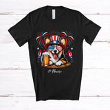 MacnyStore - Personalized Custom Name Corgi Drinking Beer; Amusing 4th Of July Fireworks Patriotic T-Shirt