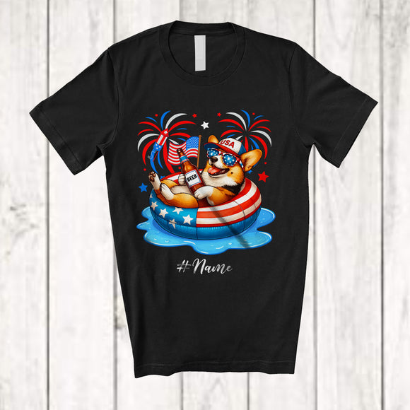 MacnyStore - Personalized Custom Name Corgi Drinking On Float Beach; Joyful 4th Of July Patriotic T-Shirt