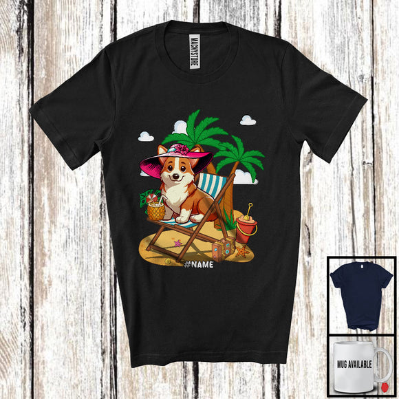 MacnyStore - Personalized Custom Name Corgi On Beach, Lovely Summer Vacation Palm Tree, Family T-Shirt