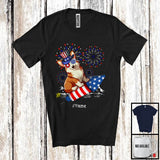 MacnyStore - Personalized Custom Name Corgi Riding Firecracker, Lovely 4th Of July Fireworks, Patriotic T-Shirt