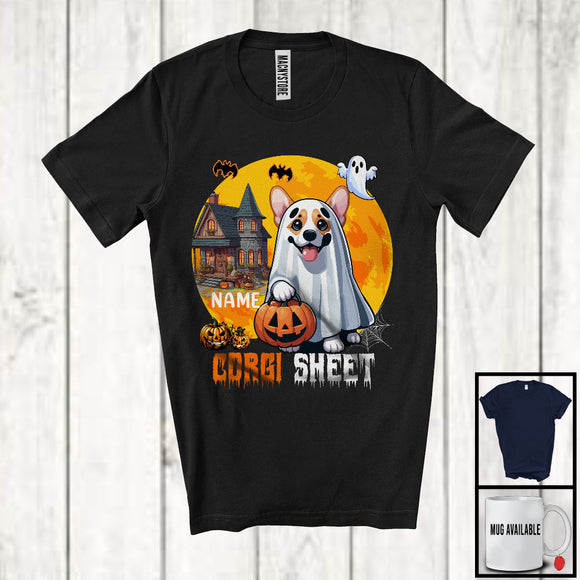 MacnyStore - Personalized Custom Name Corgi Sheet, Adorable Halloween Moon Boo Ghost Corgi Lover T-Shirt