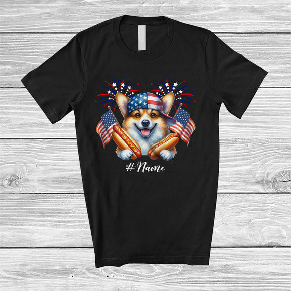 MacnyStore - Personalized Custom Name Corgi with Hotdog American Flag; Awesome 4th of July Patriotic T-Shirt