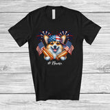 MacnyStore - Personalized Custom Name Corgi with Hotdog American Flag; Awesome 4th of July Patriotic T-Shirt
