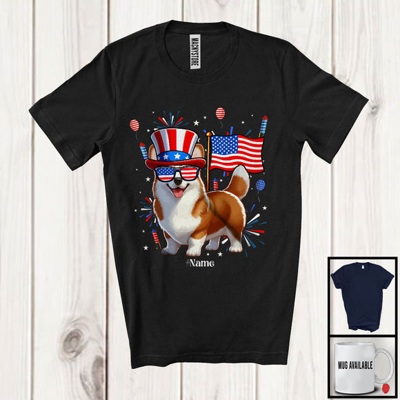 MacnyStore - Personalized Custom Name Corgi, Lovely 4th Of July American Flag Fireworks, Corgi Patriotic T-Shirt