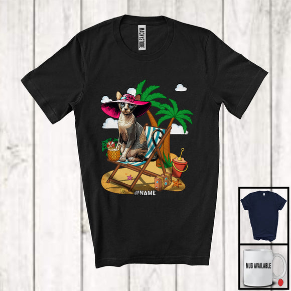 MacnyStore - Personalized Custom Name Cornish Rex On Beach, Lovely Summer Vacation Kitten Palm Tree T-Shirt