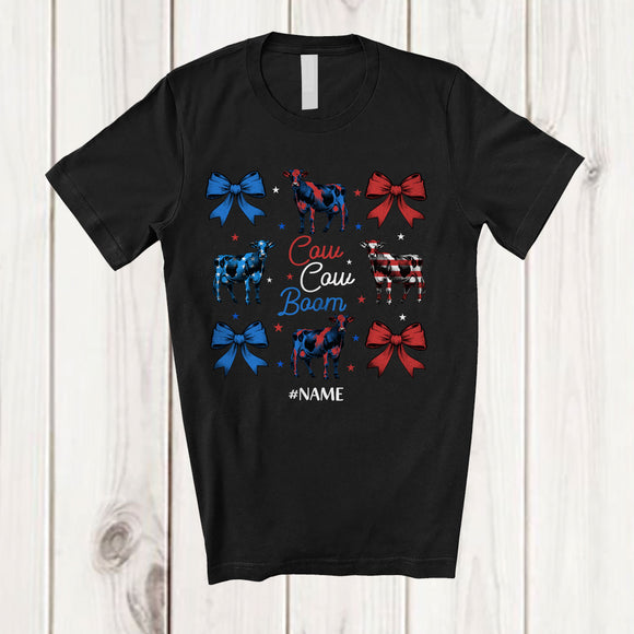MacnyStore - Personalized Custom Name Cow Cow Boom; Joyful 4th Of July US Flag Cow; Farmer Patriotic T-Shirt