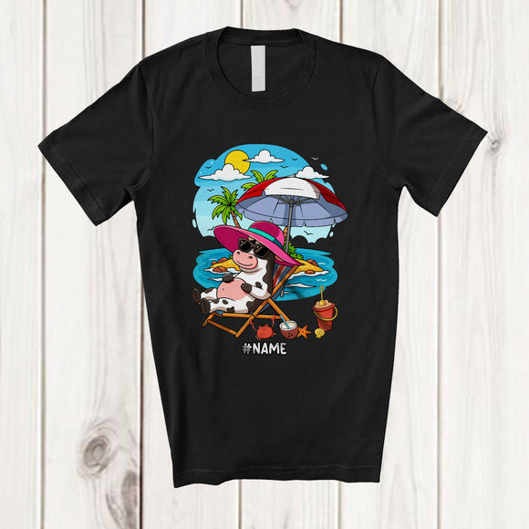 MacnyStore - Personalized Custom Name Cow On Beach; Lovely Summer Vacation Palm Tree; Hawaiian Family T-Shirt
