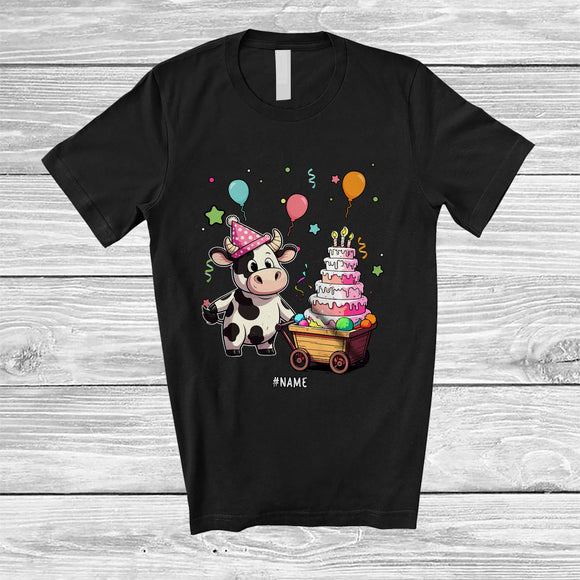 MacnyStore - Personalized Custom Name Cow with Cake; Lovely Birthday Party Animal Lover T-Shirt