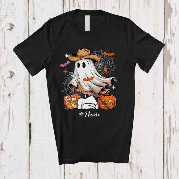 MacnyStore - Personalized Custom Name Cowboy Lunch Lady Boo Ghost; Lovely Halloween Western Pumpkin T-Shirt
