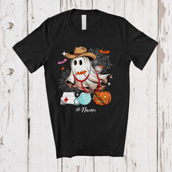 MacnyStore - Personalized Custom Name Cowboy Nurse Boo Ghost; Lovely Halloween Western Nurse Pumpkin T-Shirt