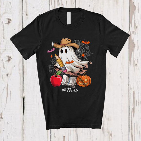 MacnyStore - Personalized Custom Name Cowboy Teacher Boo Ghost; Lovely Halloween Western Pumpkin T-Shirt
