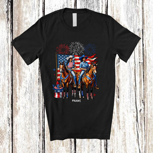 MacnyStore - Personalized Custom Name Cowgirl Riding Horse US Flag; Humorous 4th of July Women Patriotic T-Shirt