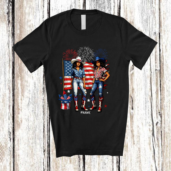 MacnyStore - Personalized Custom Name Cowgirl With American Flag; Humorous 4th of July Women Patriotic T-Shirt