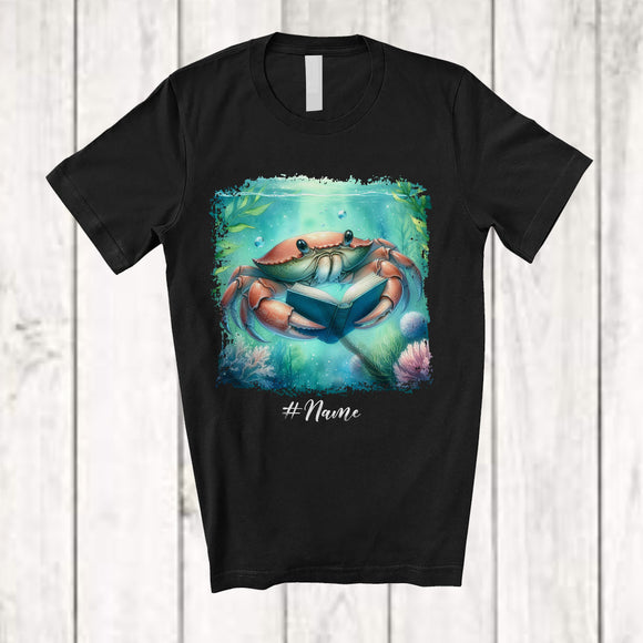 MacnyStore - Personalized Custom Name Crab Reading Book; Lovely Teacher Librarian Book Nerd; Sea Animal T-Shirt