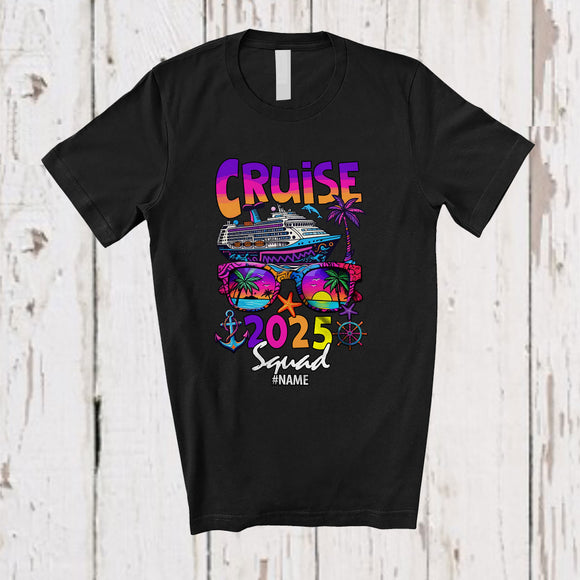 MacnyStore - Personalized Custom Name Cruise 2025 Squad; Humorous Summer Vacation Birthday Sunglasses T-Shirt