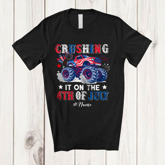 MacnyStore - Personalized Custom Name Crushing It On The 4th of July; Proud US Flag Monster Truck; Patriotic T-Shirt