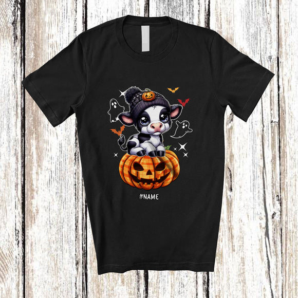 MacnyStore - Personalized Custom Name Cute Cow On Plaid Pumpkin; Adorable Halloween Cow Farmer T-Shirt
