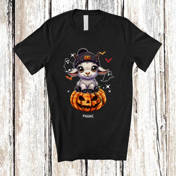 MacnyStore - Personalized Custom Name Cute Goat On Plaid Pumpkin; Adorable Halloween Goat Farmer T-Shirt