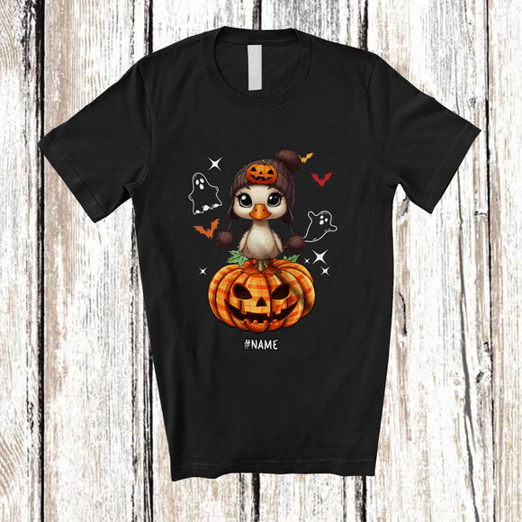 MacnyStore - Personalized Custom Name Cute Goose On Plaid Pumpkin; Adorable Halloween Goose Farmer T-Shirt