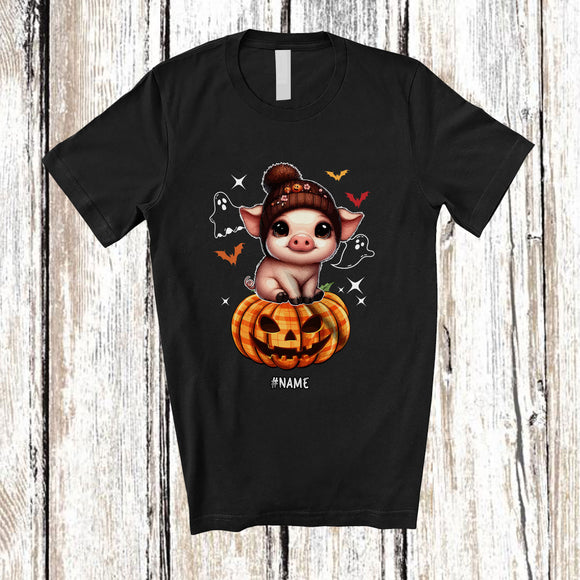 MacnyStore - Personalized Custom Name Cute Pig On Plaid Pumpkin; Adorable Halloween Pig Farmer T-Shirt