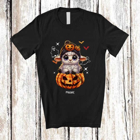 MacnyStore - Personalized Custom Name Cute Sheep On Plaid Pumpkin; Adorable Halloween Sheep Farmer T-Shirt