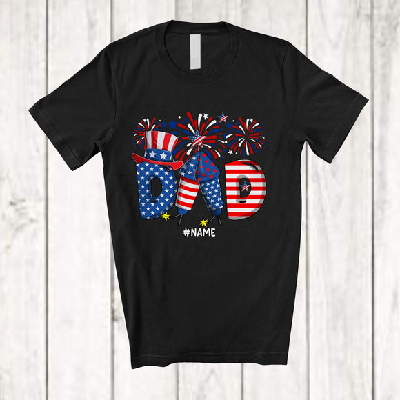 MacnyStore - Personalized Custom Name DAD; Awesome 4th Of July American Flag Firecracker; Patriotic Family T-Shirt
