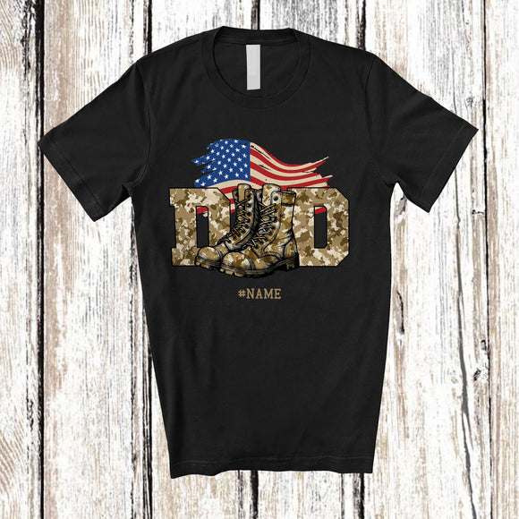 MacnyStore - Personalized Custom Name DAD; Proud Father's Day Dad Veteran Boot; US Flag Patriotic Family T-Shirt