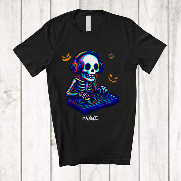 MacnyStore - Personalized Custom Name DJ Skeleton Playing EDM; Amusing Halloween Skeleton; Dancing Dancer T-Shirt
