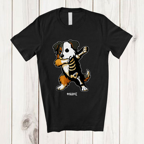 MacnyStore - Personalized Custom Name Dabbing Australian Shepherd Skeleton; Joyful Halloween Family T-Shirt