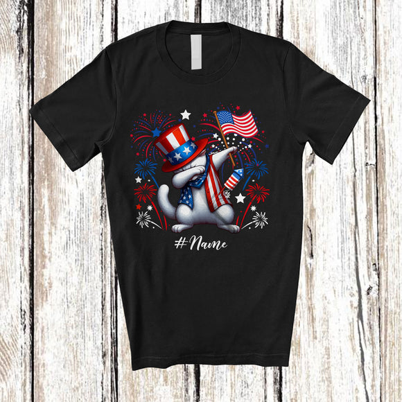 MacnyStore - Personalized Custom Name Dabbing Cat; Lovely 4th Of July Cat American Flag; Patriotic T-Shirt
