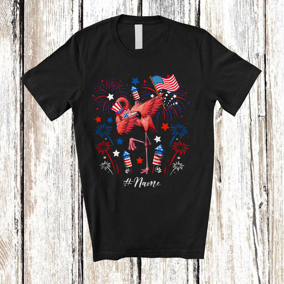 MacnyStore - Personalized Custom Name Dabbing Flamingo; Lovely 4th Of July Flamingo US Flag; Patriotic T-Shirt