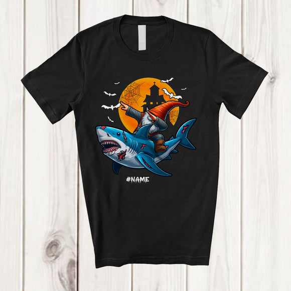 MacnyStore - Personalized Custom Name Dabbing Gnome Riding Shark; Creepy Halloween Gnome Family Group T-Shirt