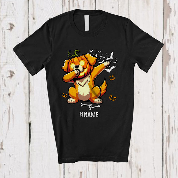 MacnyStore - Personalized Custom Name Dabbing Golden Retriever Pumpkin Face; Scary Halloween Animal Family T-Shirt