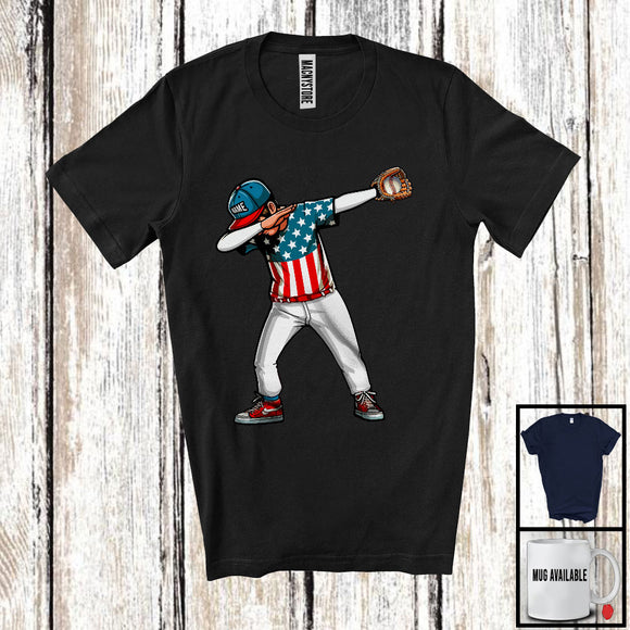 MacnyStore - Personalized Custom Name Dabbing Men Playing Baseball, Proud 4th Of July Baseball, Patriotic T-Shirt