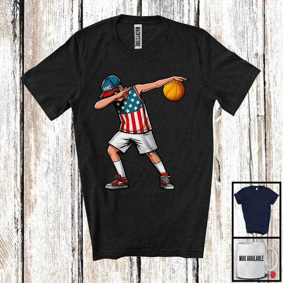 MacnyStore - Personalized Custom Name Dabbing Men Playing Basketball, Proud 4th Of July Sport, Patriotic T-Shirt