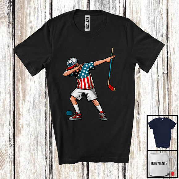 MacnyStore - Personalized Custom Name Dabbing Men Playing Hockey, Proud 4th Of July Hockey, Patriotic T-Shirt
