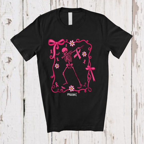 MacnyStore - Personalized Custom Name Dabbing Skeleton Pink Ribbon; Lovely Halloween Breast Cancer Preppy T-Shirt