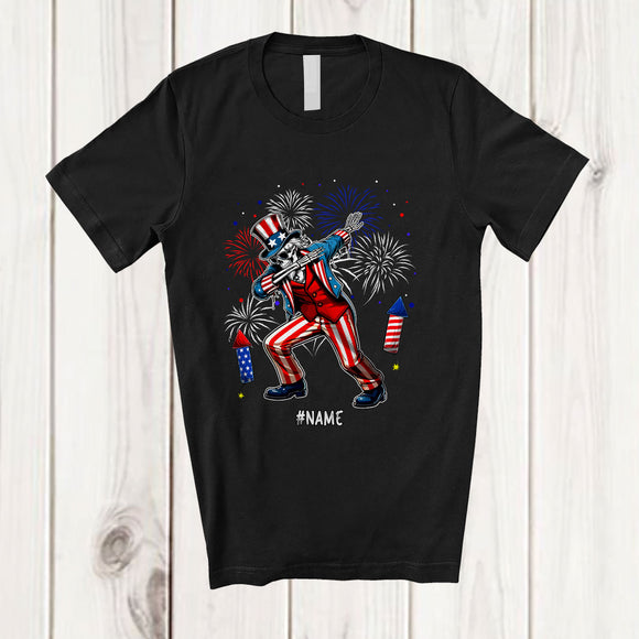 MacnyStore - Personalized Custom Name Dabbing Skeleton With Fireworks; Amazing 4th Of July Family T-Shirt