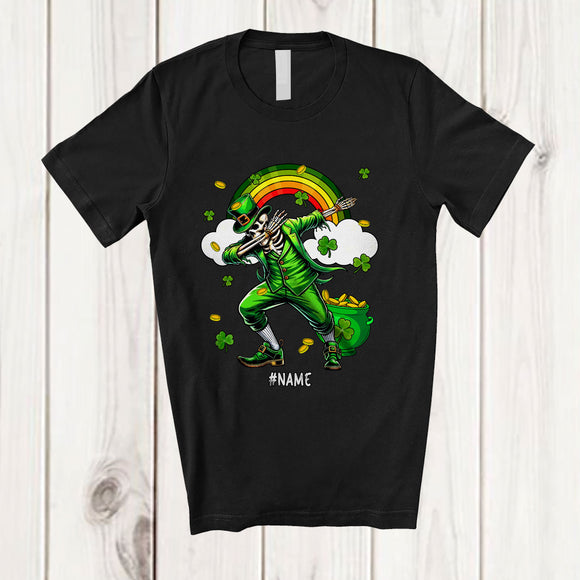 MacnyStore - Personalized Custom Name Dabbing Skeleton With Rainbow; Amazing St. Patrick's Day Shamrocks T-Shirt