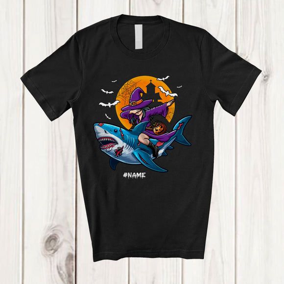 MacnyStore - Personalized Custom Name Dabbing Witch Riding Shark; Creepy Halloween Witch Family Group T-Shirt