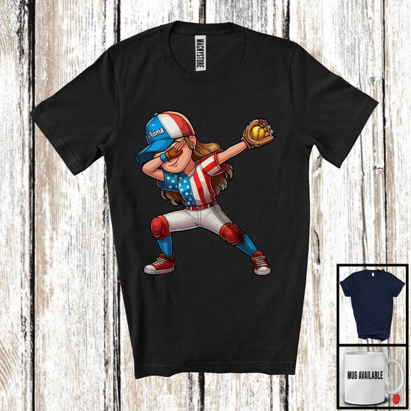MacnyStore - Personalized Custom Name Dabbing Women Playing Softball, Proud 4th Of July Softball, Patriotic T-Shirt