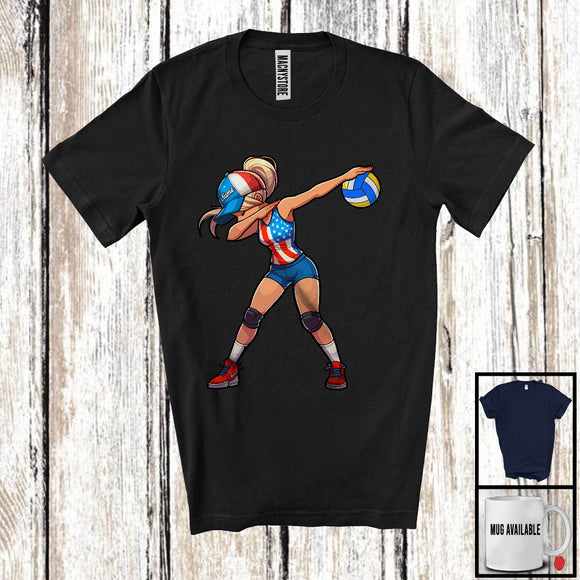 MacnyStore - Personalized Custom Name Dabbing Women Playing Volleyball, Proud 4th Of July Sport, Patriotic T-Shirt