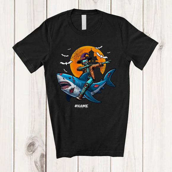 MacnyStore - Personalized Custom Name Dabbing Zombie Riding Shark; Creepy Halloween Witch Zombie Family T-Shirt
