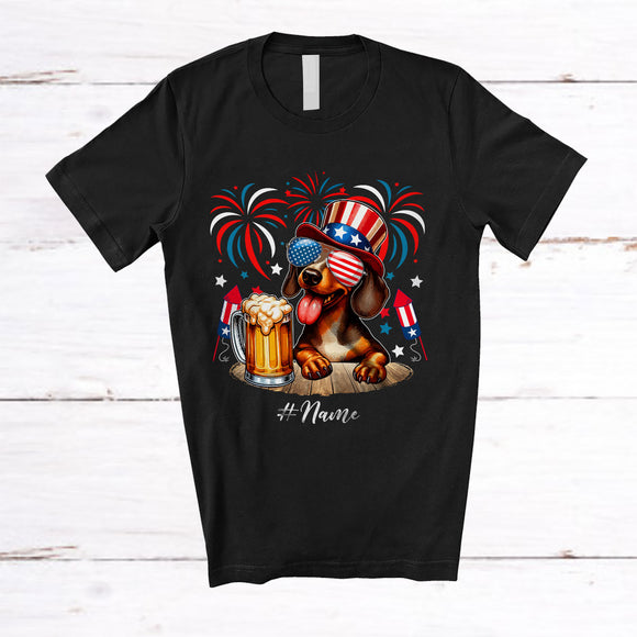 MacnyStore - Personalized Custom Name Dachshund Drinking Beer; Amusing 4th Of July Fireworks Patriotic T-Shirt