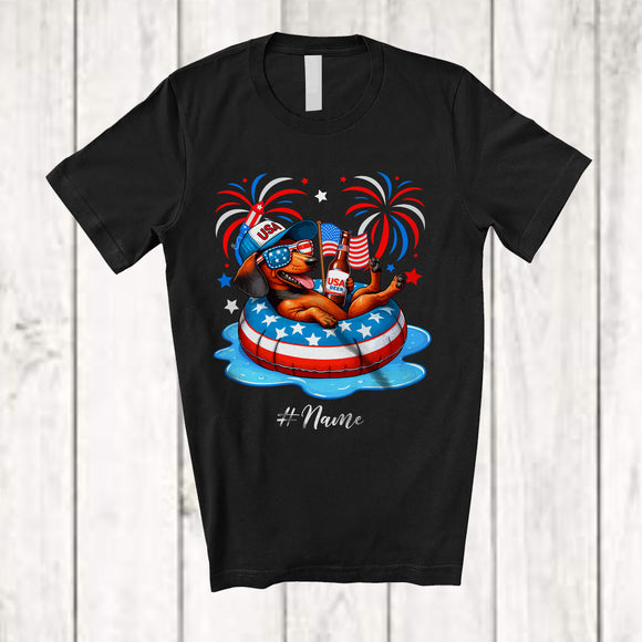 MacnyStore - Personalized Custom Name Dachshund Drinking On Float Beach; Joyful 4th Of July Patriotic T-Shirt