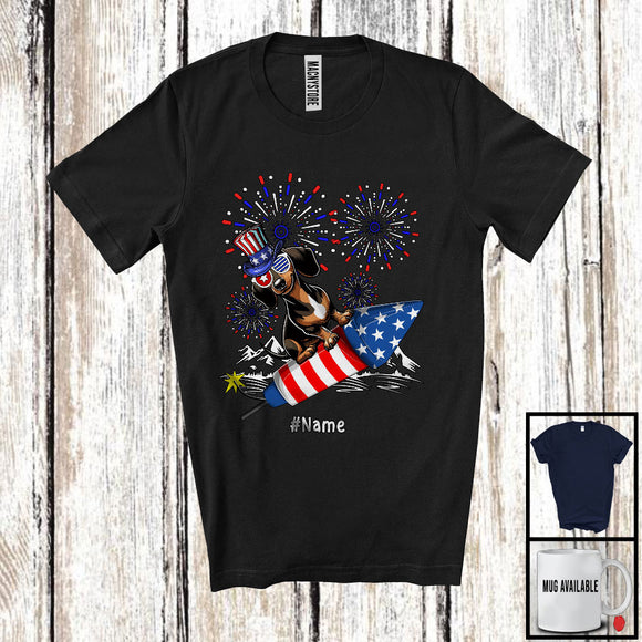 MacnyStore - Personalized Custom Name Dachshund Riding Firecracker, Lovely 4th Of July Fireworks, Patriotic T-Shirt