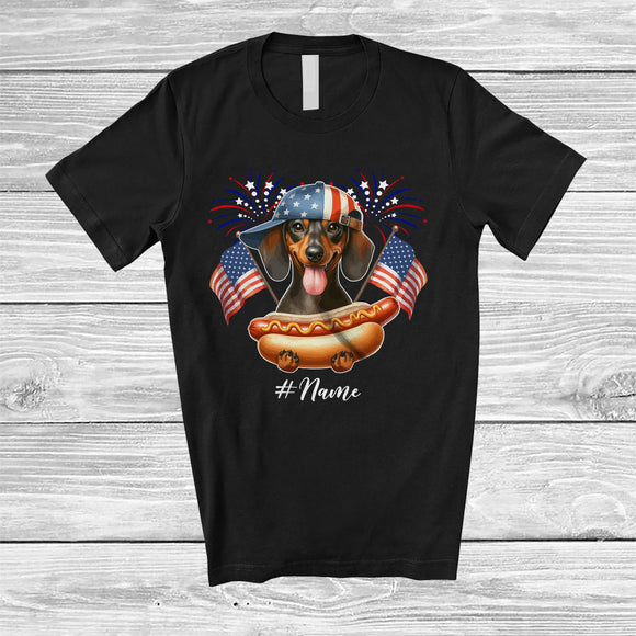 MacnyStore - Personalized Custom Name Dachshund with Hotdog American Flag; Awesome 4th of July Patriotic T-Shirt