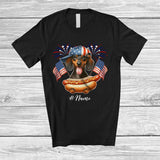 MacnyStore - Personalized Custom Name Dachshund with Hotdog American Flag; Awesome 4th of July Patriotic T-Shirt