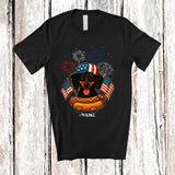 MacnyStore - Personalized Custom Name Dachshund with Hotdog; Humorous 4th of July American Flag Patriotic T-Shirt